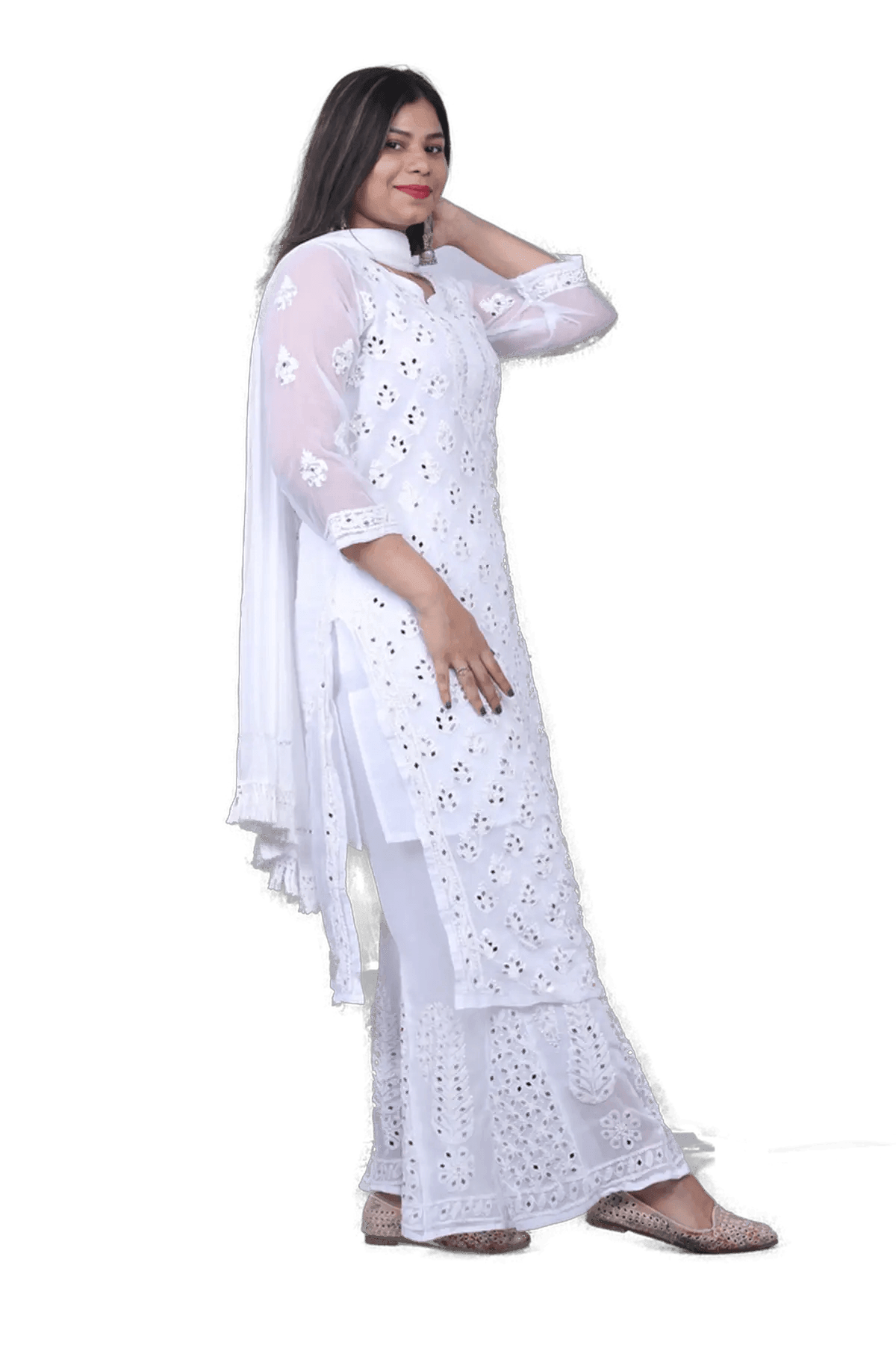 White Chiffon Chikankari Mirror Work Palazzo Set - Awadhkari