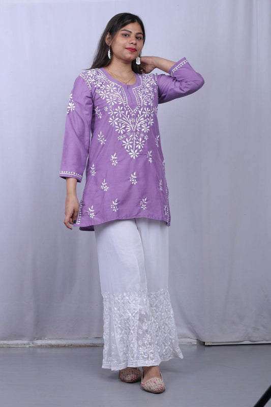 Purple Muslin Chikankari 3D Work Short Top - Awadhkari