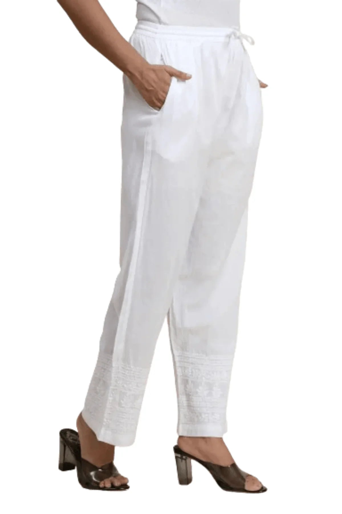 White Stretchable Chikankari Lycra Cotton Pants - Awadhkari