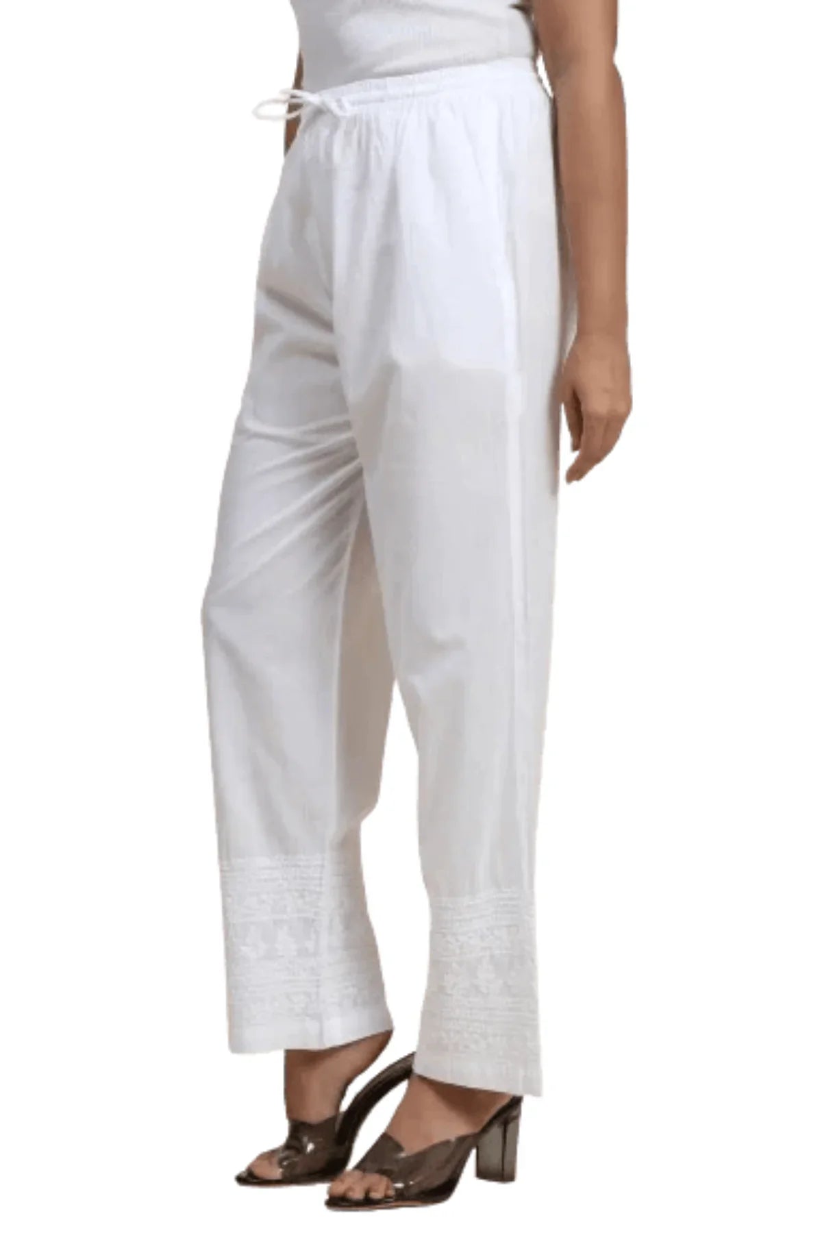 White Stretchable Chikankari Lycra Cotton Pants - Awadhkari