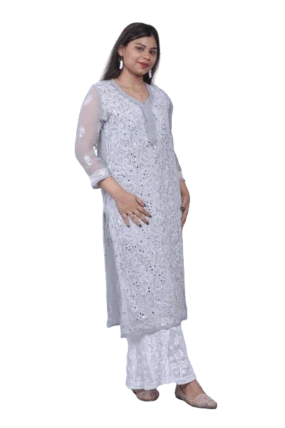 Grey Chiffon Mirror Work Chikankari Long Kurti - Awadhkari