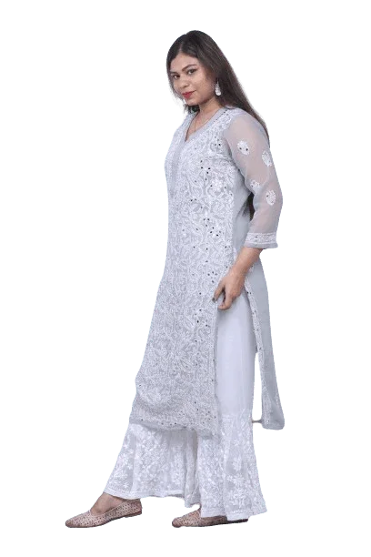Grey Chiffon Mirror Work Chikankari Long Kurti - Awadhkari
