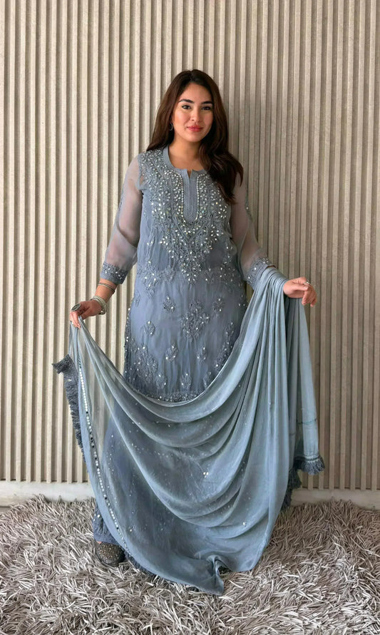 Awadhkari Exclusive Georgette Border Work Kurti Sharara Set with Chiffon Dupatta - Grey - Awadhkari