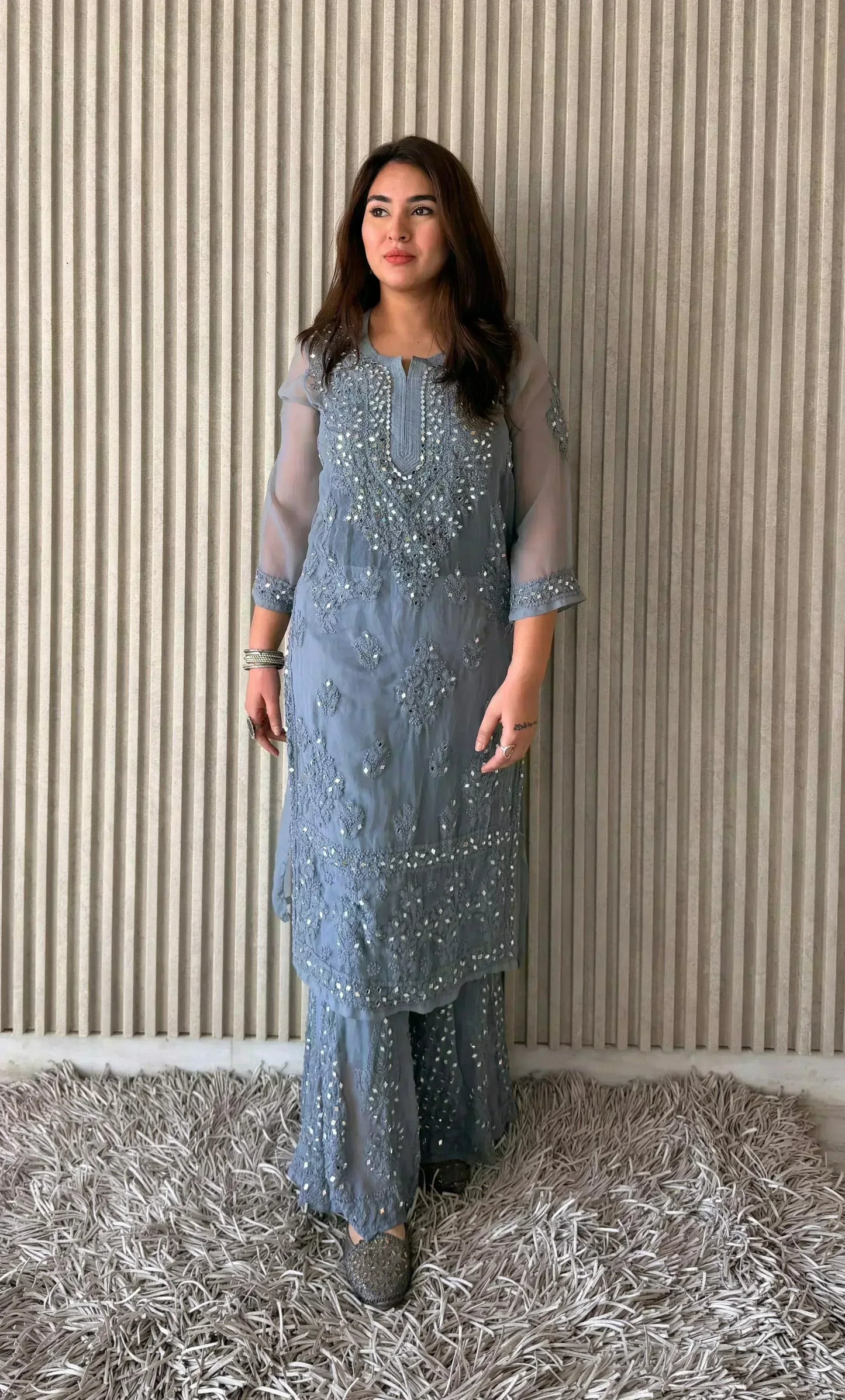 Awadhkari Exclusive Georgette Border Work Kurti Sharara Set with Chiffon Dupatta - Grey - Awadhkari