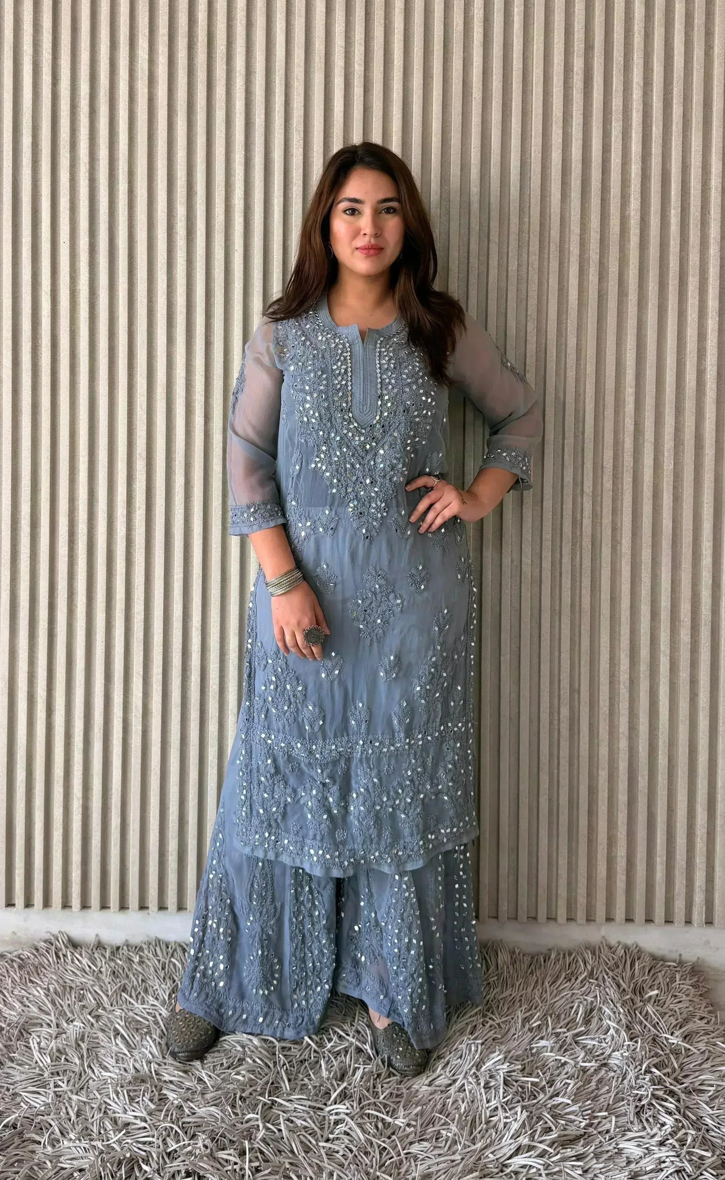 Awadhkari Exclusive Georgette Border Work Kurti Sharara Set with Chiffon Dupatta - Grey - Awadhkari