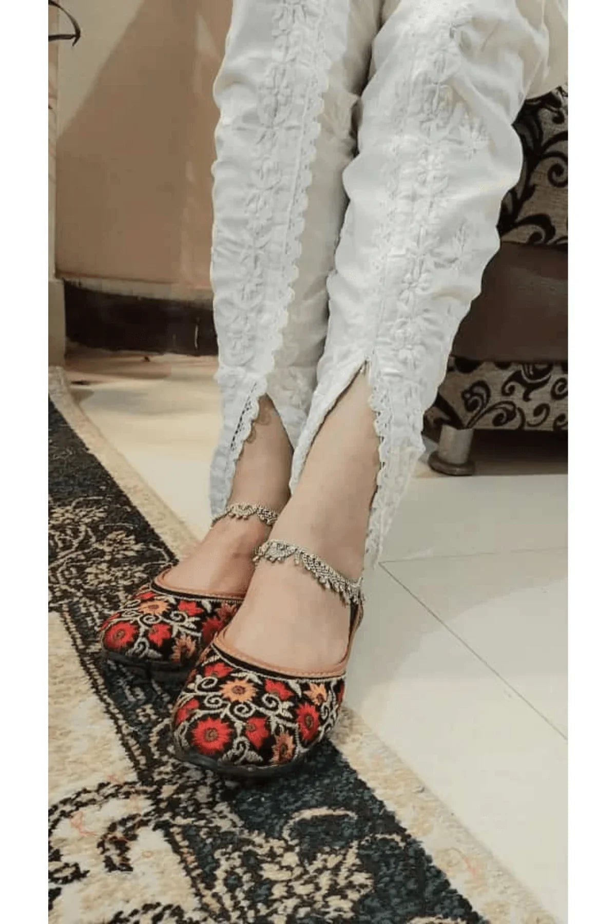 White Mal Mal Cotton Chikankari Dhoti with Qureshia Work - Awadhkari