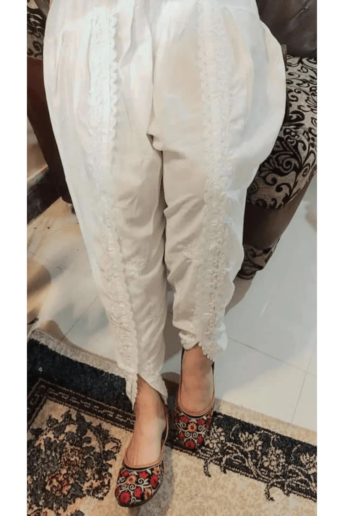 White Mal Mal Cotton Chikankari Dhoti with Qureshia Work - Awadhkari