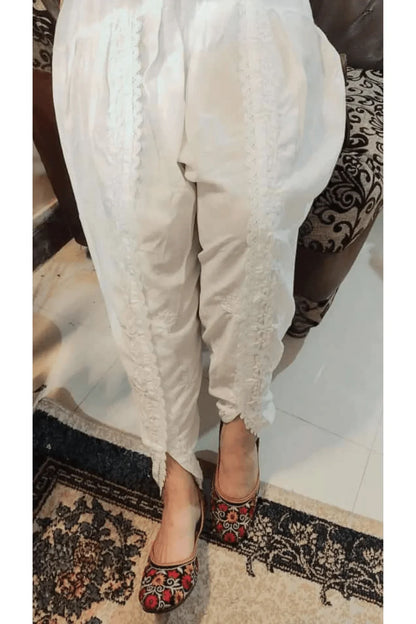 White Mal Mal Cotton Chikankari Dhoti with Qureshia Work - Awadhkari