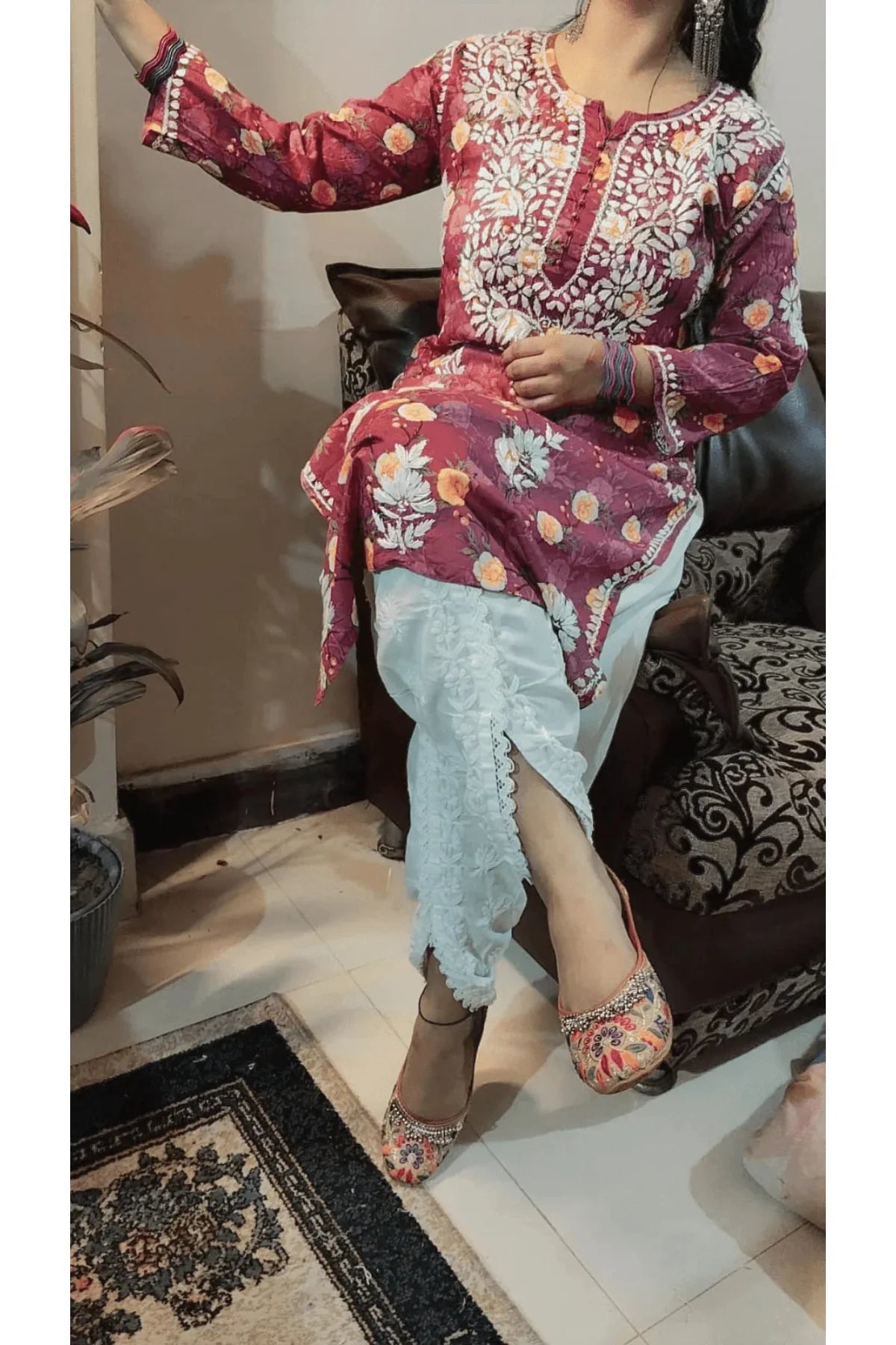 White Mal Mal Cotton Chikankari Dhoti with Qureshia Work - Awadhkari