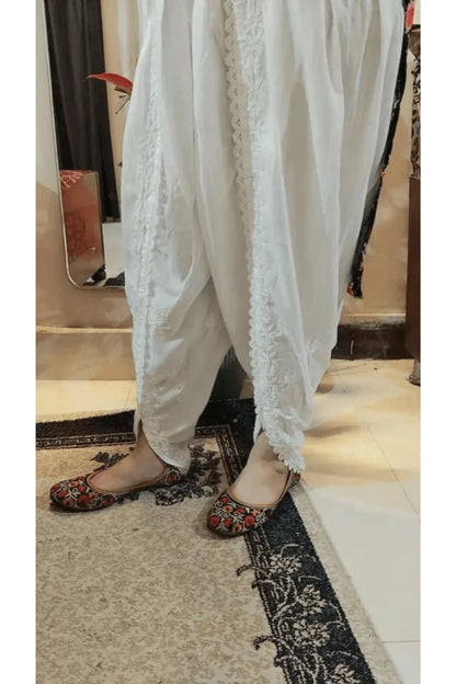 White Mal Mal Cotton Chikankari Dhoti with Qureshia Work - Awadhkari