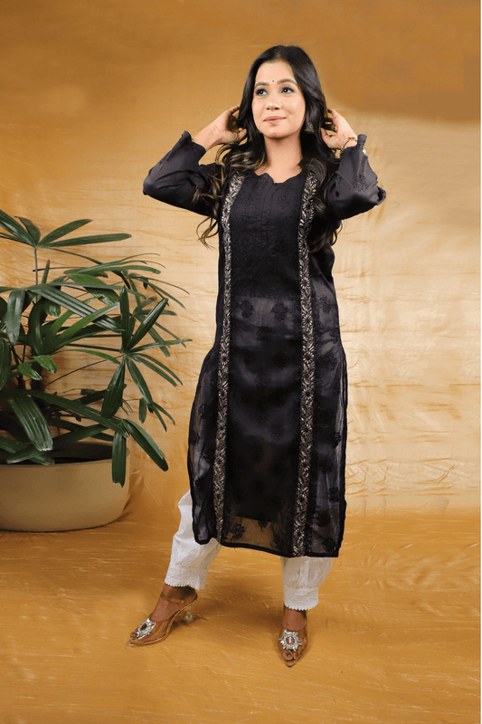 Black Fine Lucknowi Embroidery Pure Mal Chanderi Long Kurti - Awadhkari