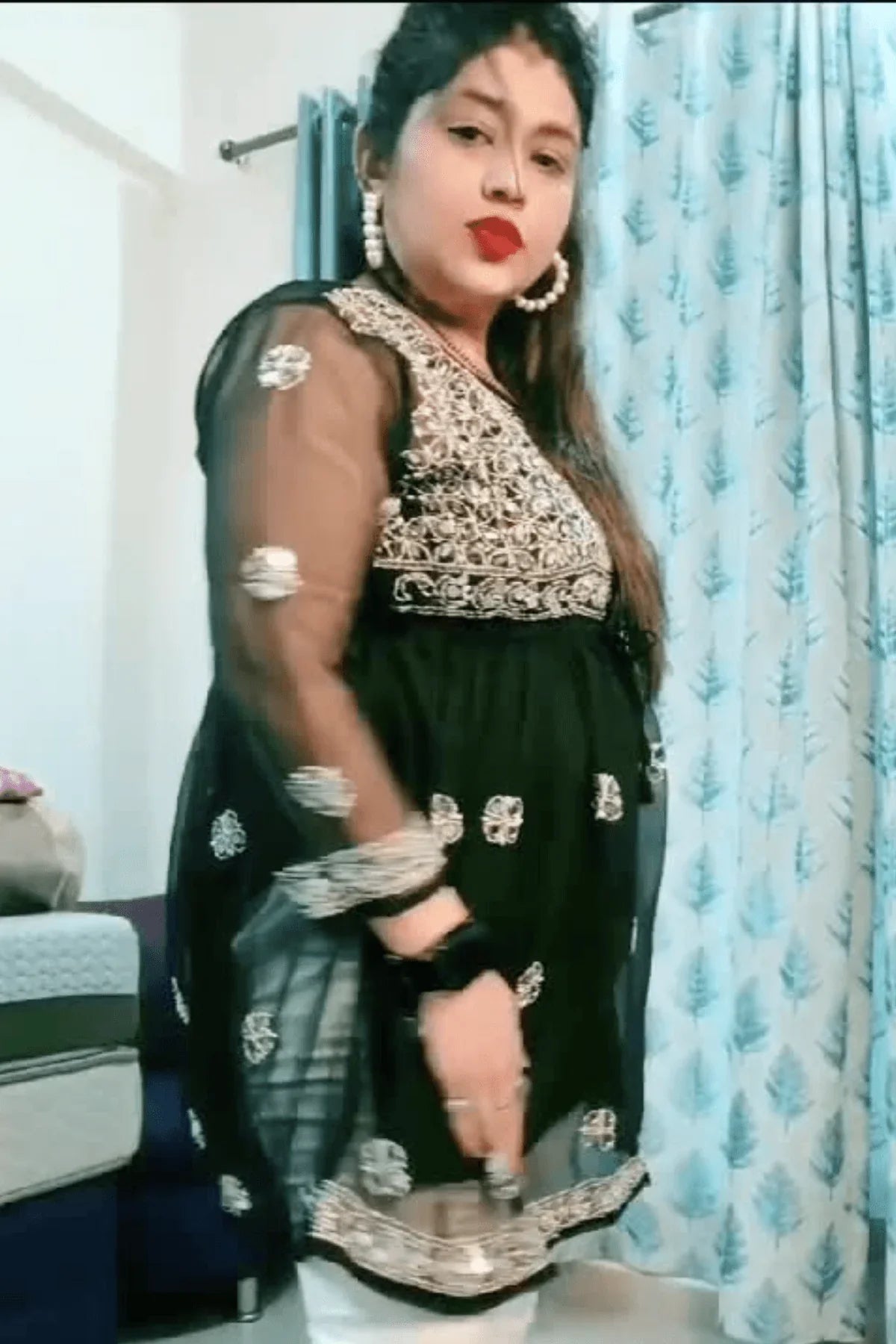 Black Georgette Mirror Work Short Frock Style Kurti - Awadhkari