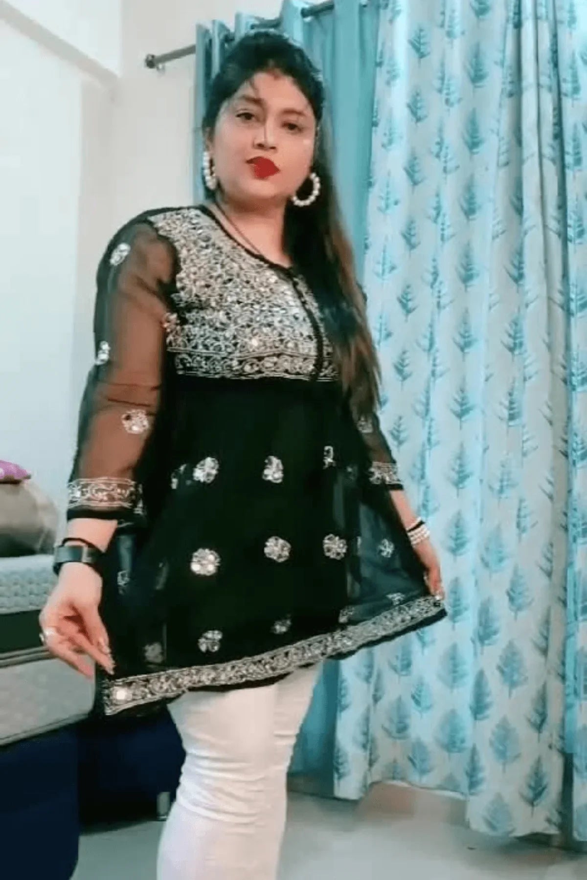 Black Georgette Mirror Work Short Frock Style Kurti - Awadhkari