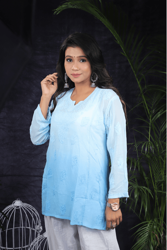 Blue Ambre Mal Cotton Chikankari Handwork Short Kurti - Awadhkari