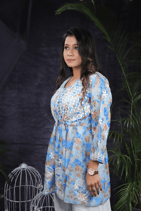 Blue Floral Kota Cotton Chikankari Frock Style Short Kurti - Awadhkari