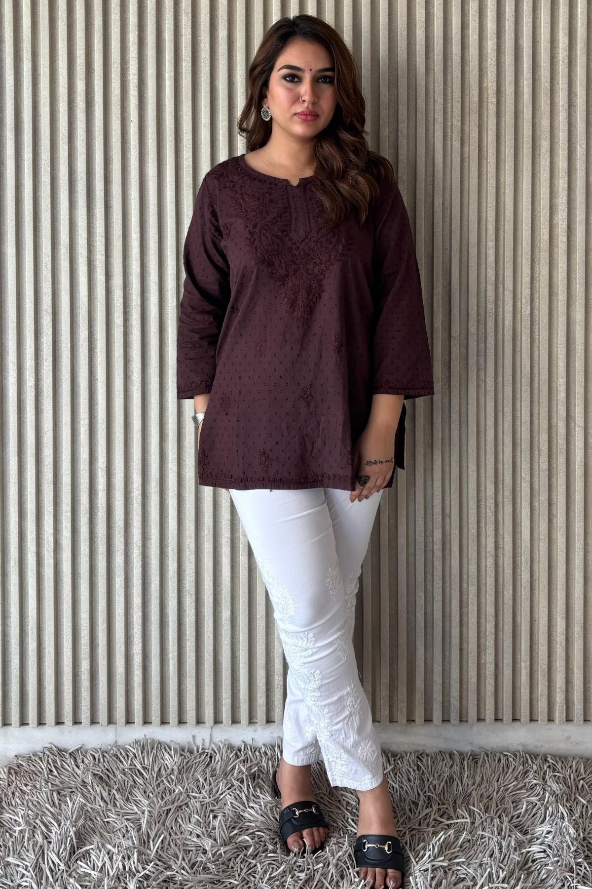 Chocolate Brown Dobby Cotton Chikankari Short Kurta Pant Set