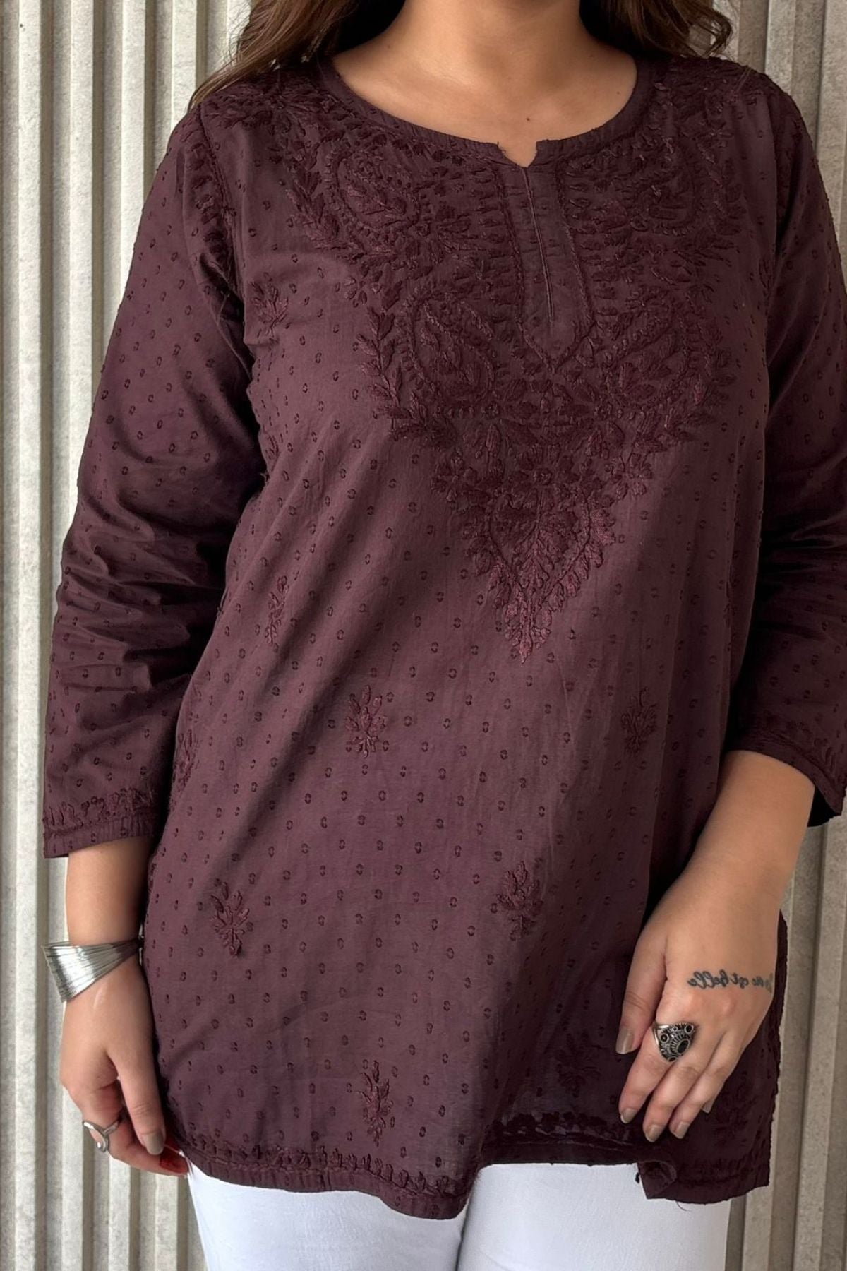 Chocolate Brown Dobby Cotton Chikankari Short Kurta Pant Set