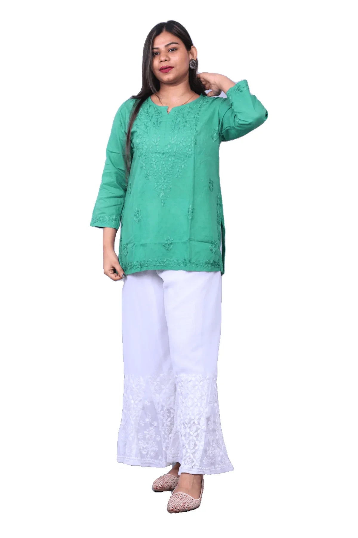 Green Short Kurti in Malmal Cotton - Awadhkari