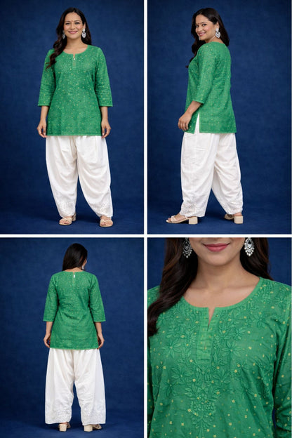 Green Chanderi Silk Chikankari Short Kurta