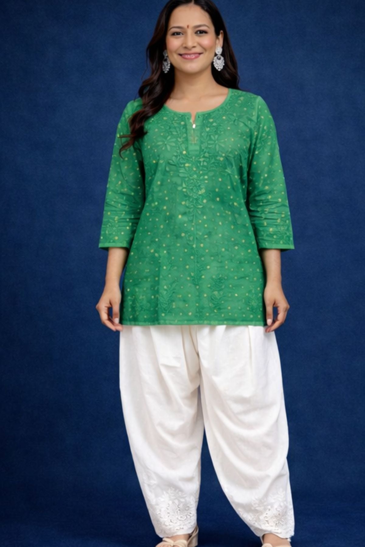 Green Chanderi Silk Chikankari Short Kurta