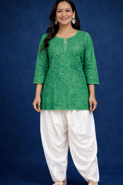 Green Chanderi Silk Chikankari Short Kurta