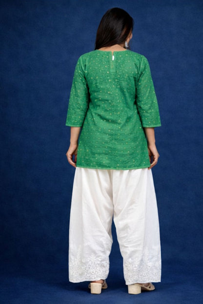Green Chanderi Silk Chikankari Short Kurta