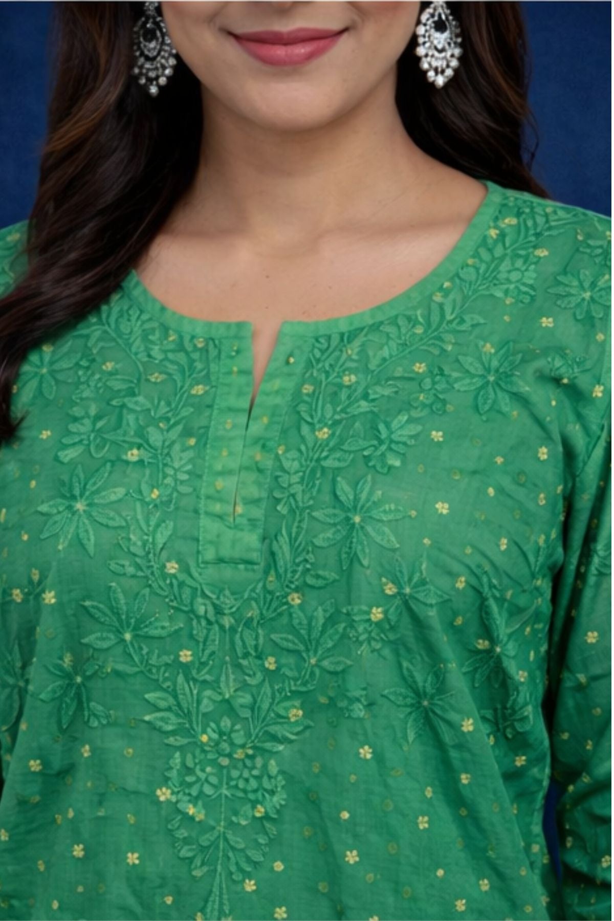 Green Chanderi Silk Chikankari Short Kurta