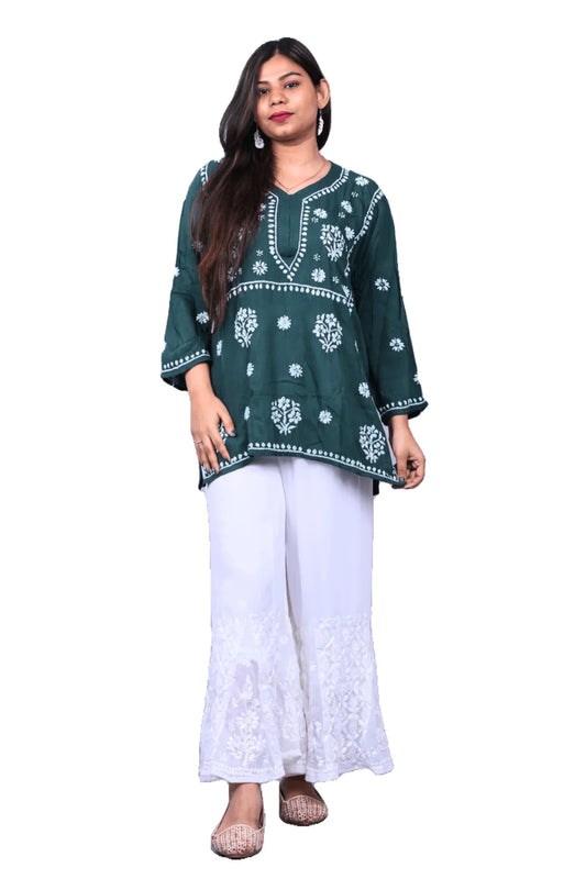 Green Chikankari Modal Cotton Short Kurti - Awadhkari