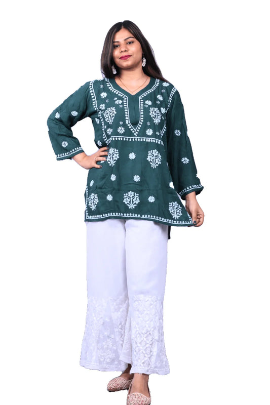 Green Chikankari Modal Cotton Short Kurti - Awadhkari