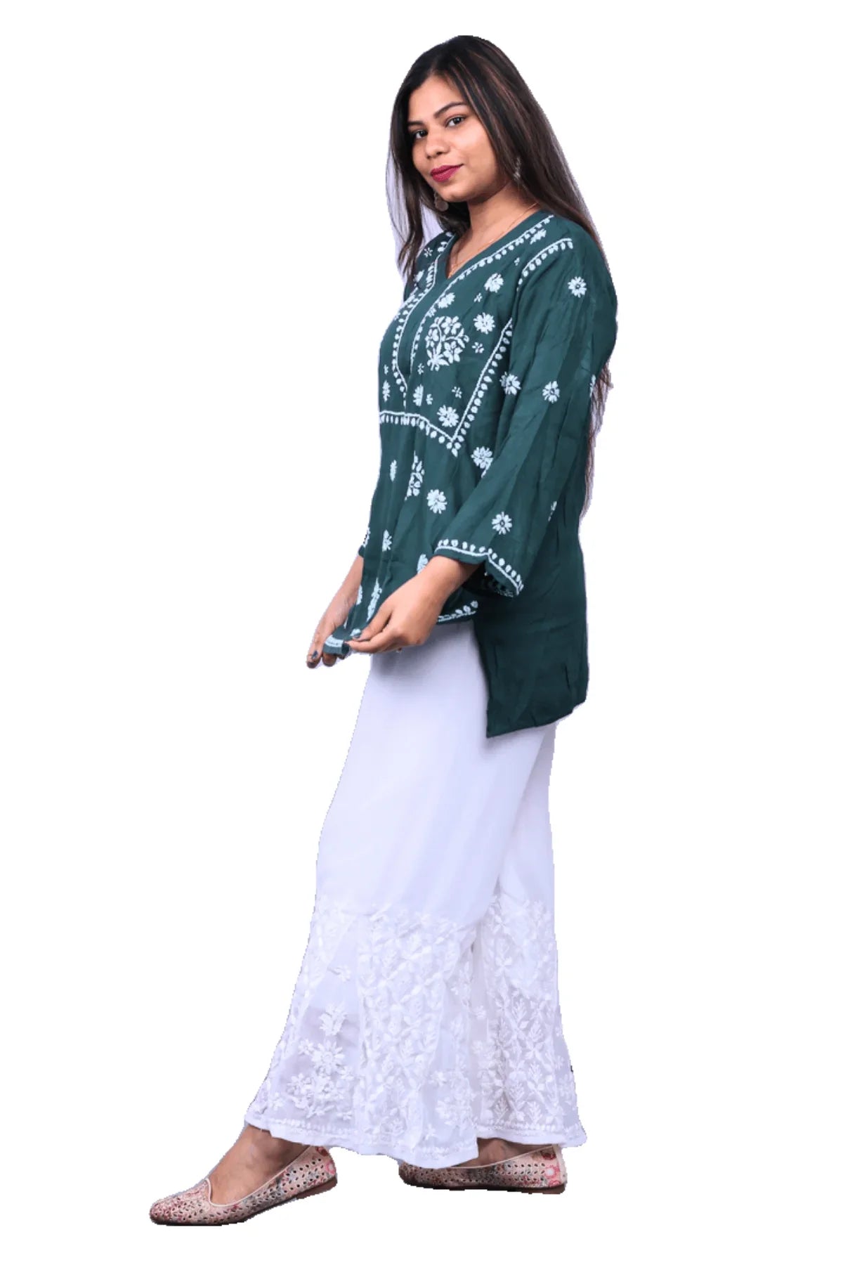 Green Chikankari Modal Cotton Short Kurti - Awadhkari