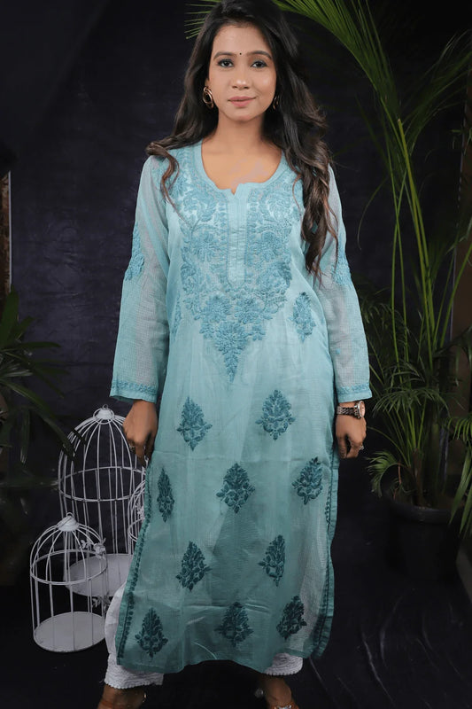 Green Tone to Tone Kota Cotton Long Kurti - Awadhkari