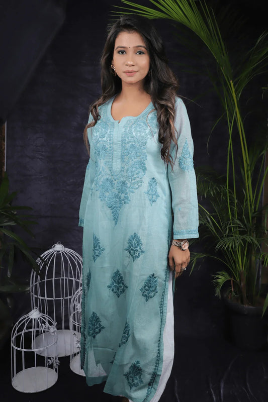 Green Tone to Tone Kota Cotton Long Kurti - Awadhkari