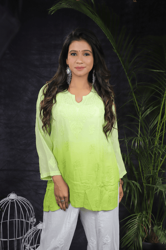 Green Ambre Mal Cotton Chikankari Handwork Short Kurti - Awadhkari