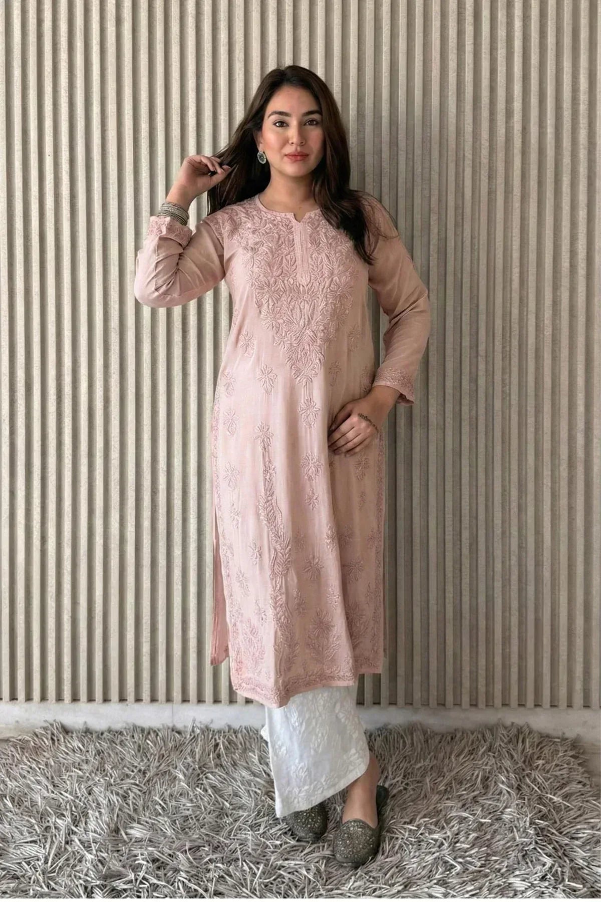 Awadhkari Lucknowi Chikankari Beautiful Modal Anchor Thread 3D Work Kurti with Rayon Plazo - Bedge Brown - Awadhkari