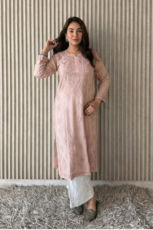 Awadhkari Lucknowi Chikankari Beautiful Modal Anchor Thread 3D Work Kurti with Rayon Plazo - Bedge Brown - Awadhkari