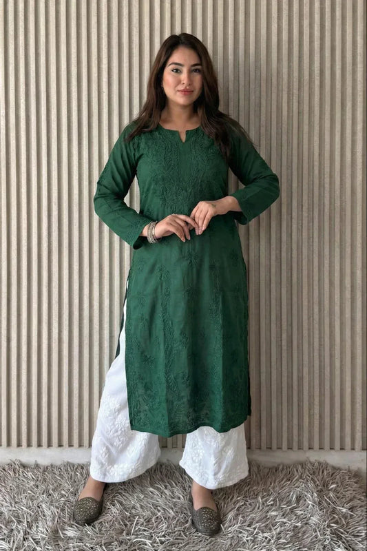 Awadhkari Lucknowi Chikankari Beautiful Modal Anchor Thread 3D Work Kurti with Rayon Plazo - Bottle Green - Awadhkari