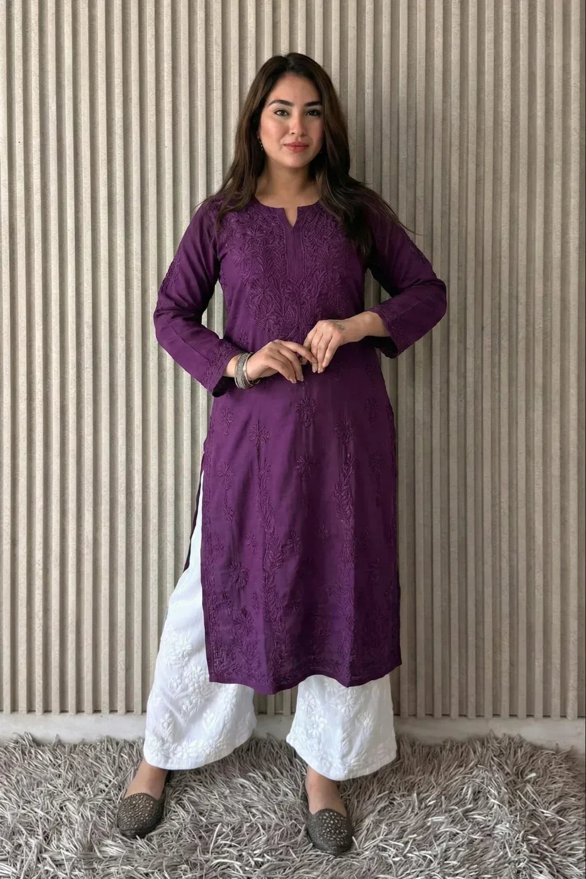 Awadhkari Lucknowi Chikankari Beautiful Modal Anchor Thread 3D Work Kurti with Rayon Plazo - Brinjal Purple - Awadhkari