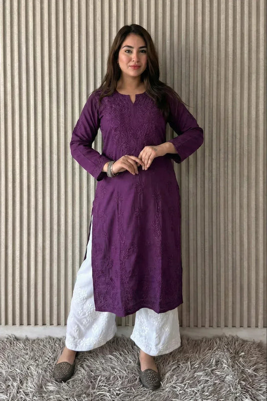Awadhkari Lucknowi Chikankari Beautiful Modal Anchor Thread 3D Work Kurti with Rayon Plazo - Brinjal Purple - Awadhkari