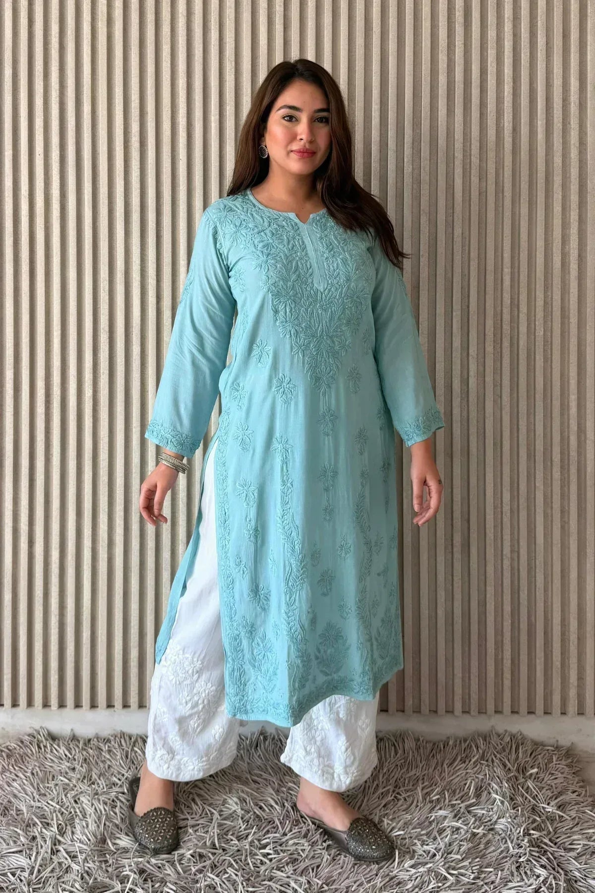 Awadhkari Lucknowi Chikankari Beautiful Modal Anchor Thread 3D Work Kurti with Rayon Plazo - Powder Blue - Awadhkari