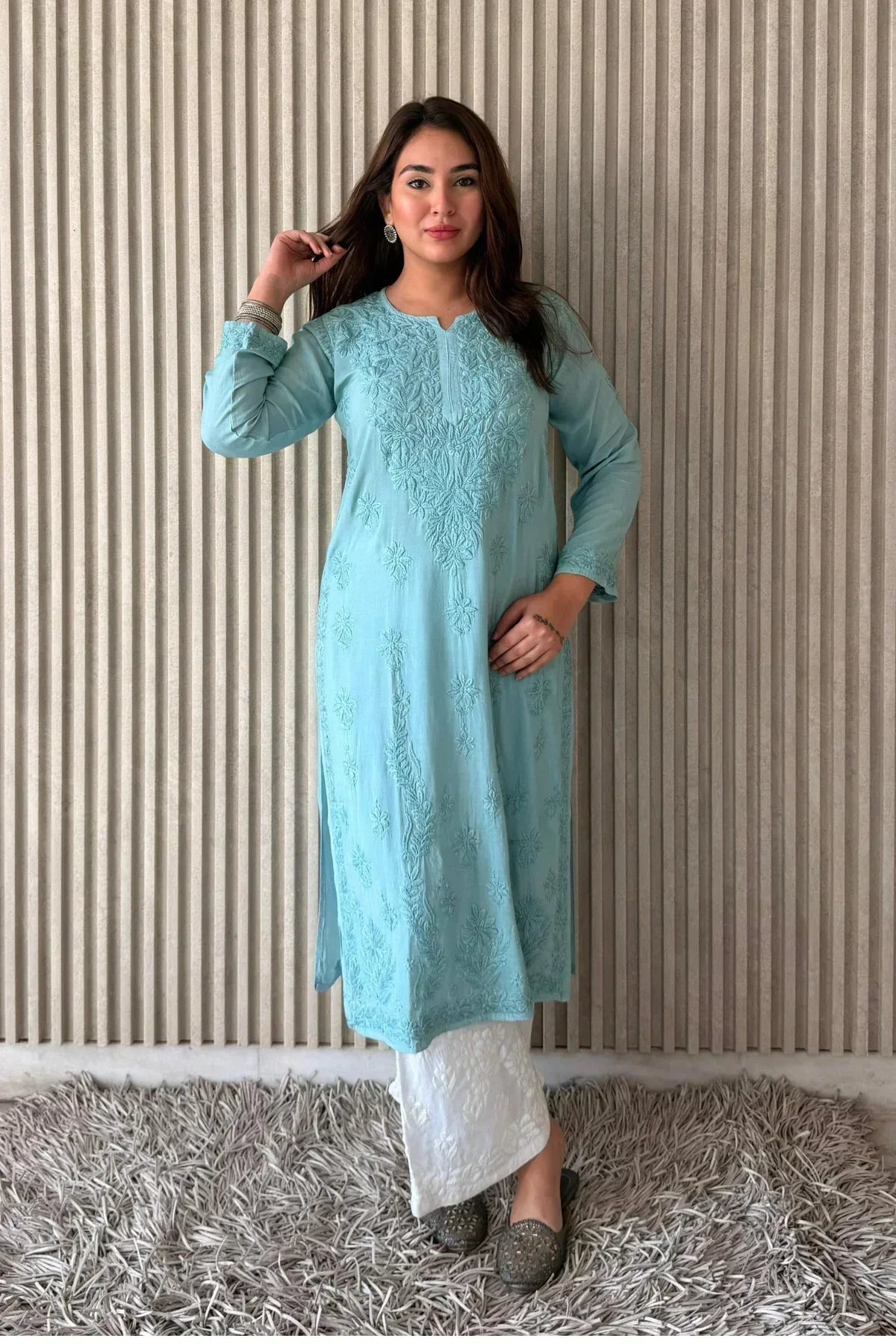 Awadhkari Lucknowi Chikankari Beautiful Modal Anchor Thread 3D Work Kurti with Rayon Plazo - Powder Blue - Awadhkari