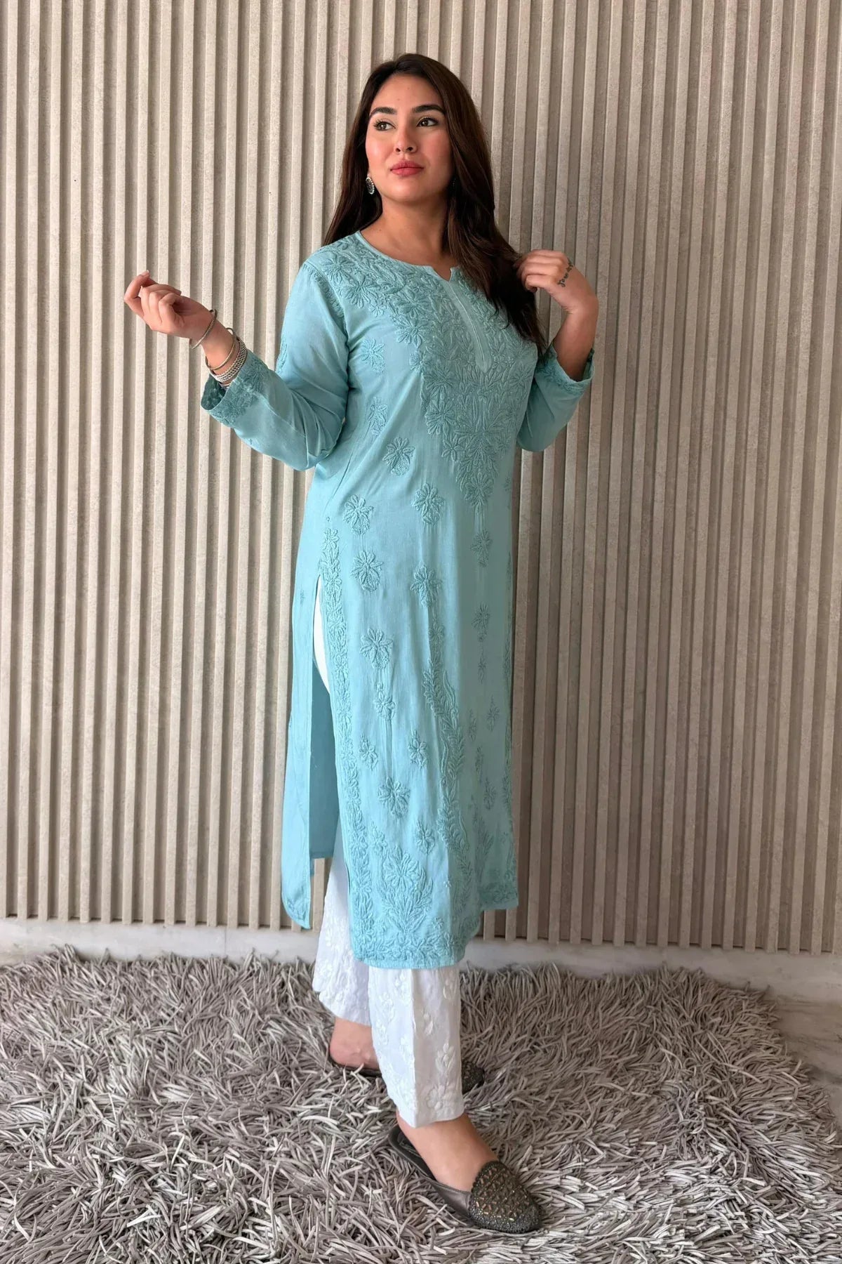 Awadhkari Lucknowi Chikankari Beautiful Modal Anchor Thread 3D Work Kurti with Rayon Plazo - Powder Blue - Awadhkari