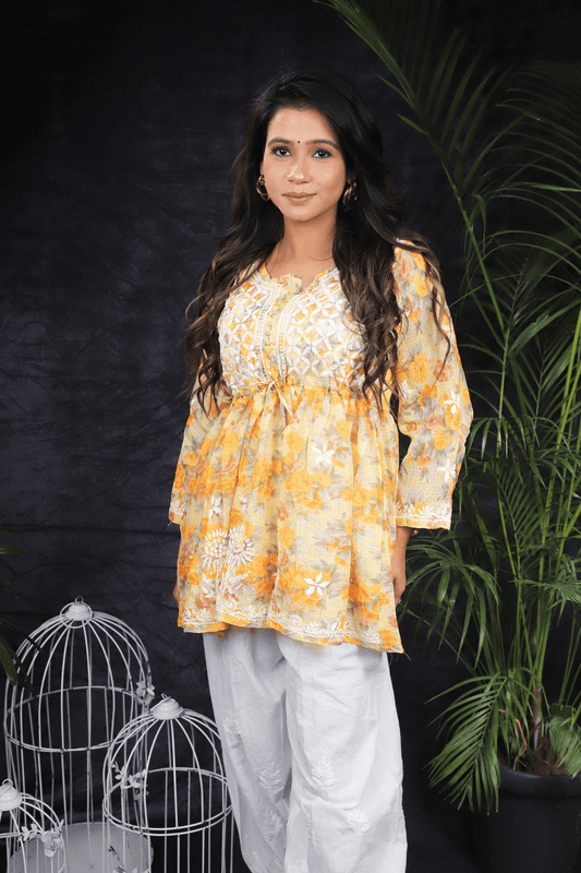 Orange Kota Cotton Chikankari Frock Style Short Kurti - Awadhkari