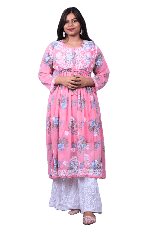 Pink Printed Chiffon Chikankari Frock Style Alya Cut Long Kurti - Awadhkari