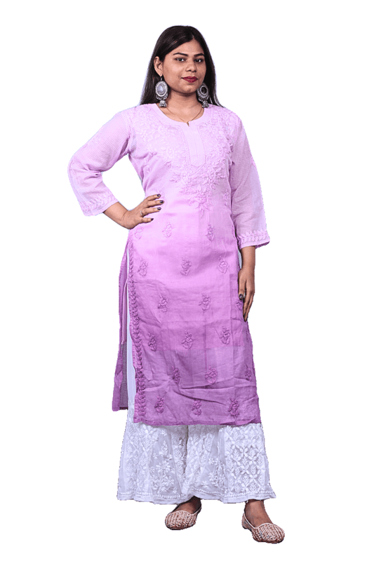 Purple Ambre Chikankari Kota Cotton Long Kurti - Awadhkari