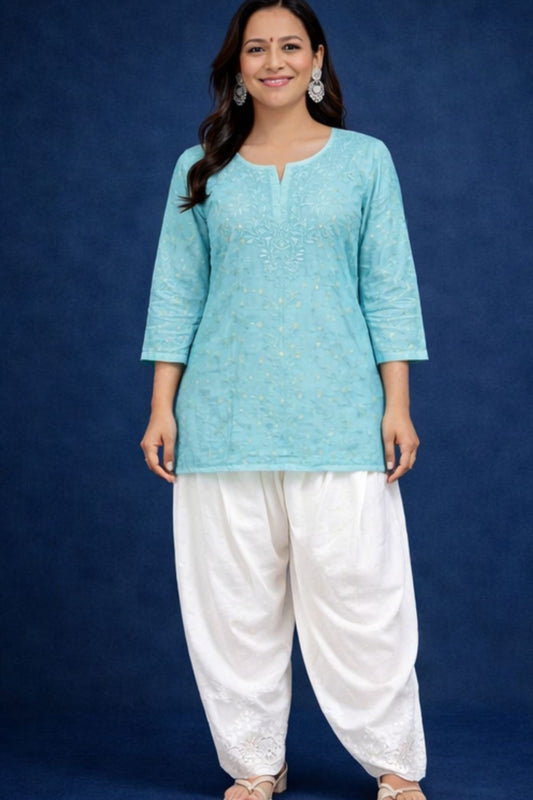 Pastel Blue Chanderi Silk Chikankari Short Kurta