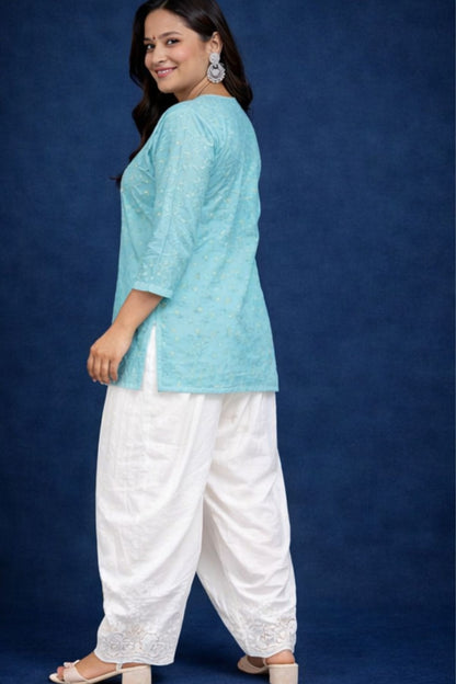 Pastel Blue Chanderi Silk Chikankari Short Kurta