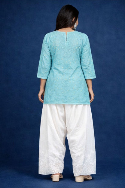 Pastel Blue Chanderi Silk Chikankari Short Kurta