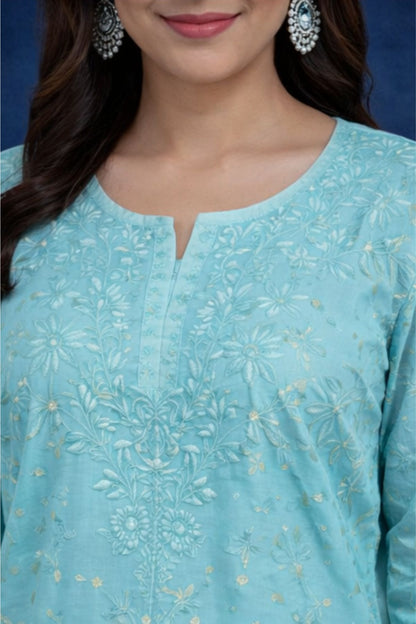 Pastel Blue Chanderi Silk Chikankari Short Kurta