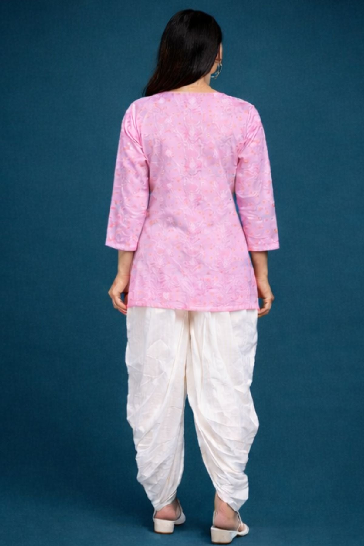 Pastel Pink Chanderi Silk Short Kurta back Awadhkari 