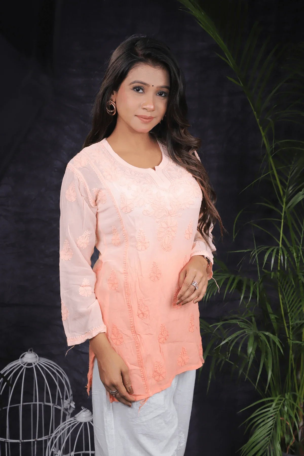 Peach Ambre Mal Cotton Chikankari Handwork Short Kurti - Awadhkari